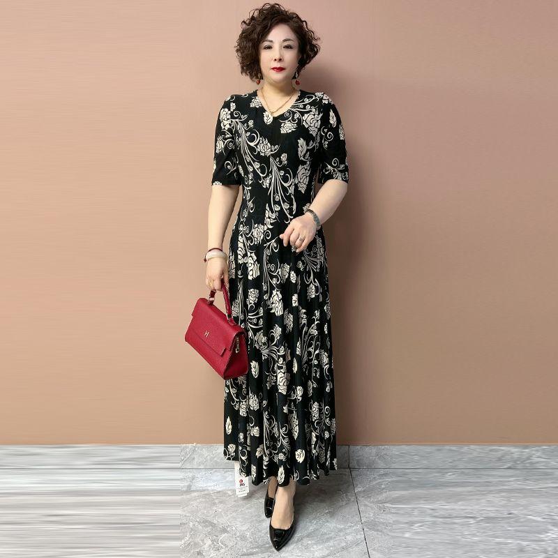 Summer Women's V-Neck Floral Dress Slim Fit Stretch Plus Size Dress Long Casual Dress