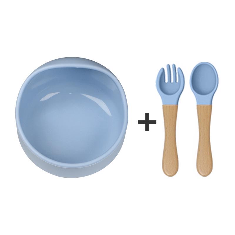 

Силиконовый набор для кормления младенцев с присоской: Миска для улиток, ложка и вилка с деревянными ручками, легко моются.