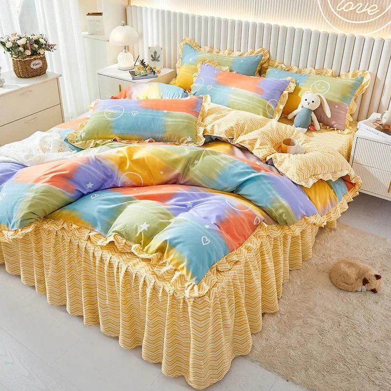 4pcs/set Girls Bed Skirts Comfortable Brushed Sheets Quilt Covers Bedding Sets Ins  Four Seasons Universal Four Piece Sets High Quality Home Textiles