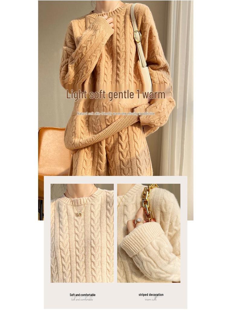 2022 Fall/Winter Women's 100% Wool Casual Knit Sweater & Cashmere Sweatshirt Set