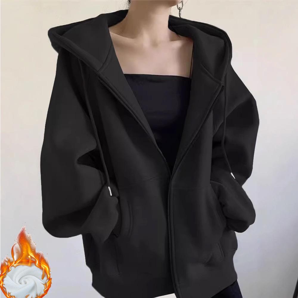Women's Retro American-Style Hooded Cotton Cardigan with Plus Velvet for Autumn/Winter 2025