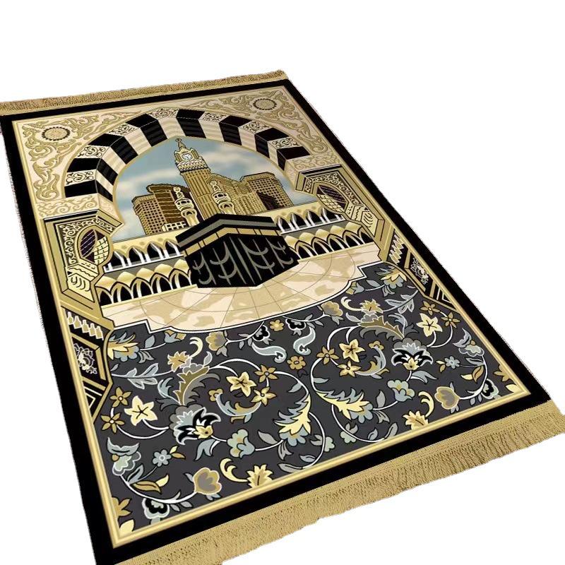 Ethnic Style Flannel Floor Mat with Middle Eastern Gold Diamond Velvet Print