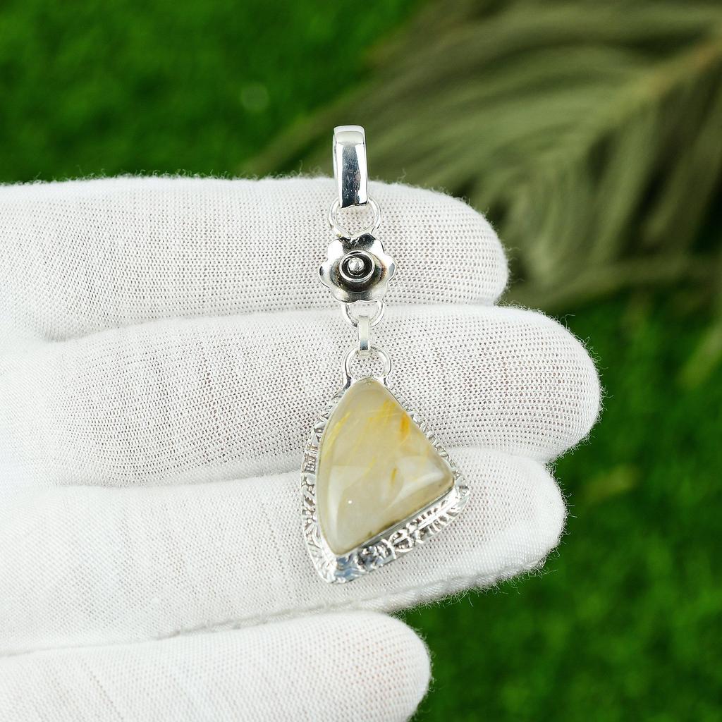 Natural Golden Rutile Gemstone Jewelry 925 Sterling Silver Pendant For Women