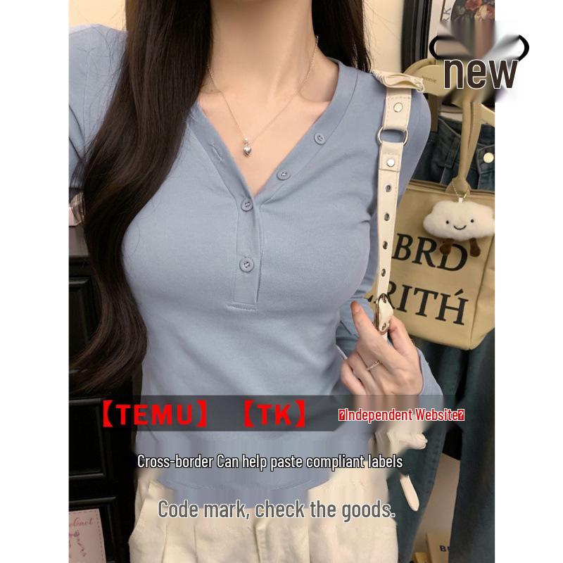 

Women s V-Neck Button T-Shirt - 2024 Autumn Slim Fit, Comfortable Stretch, Long Sleeve, Versatile Minimalist Casual Top. L темно-серого