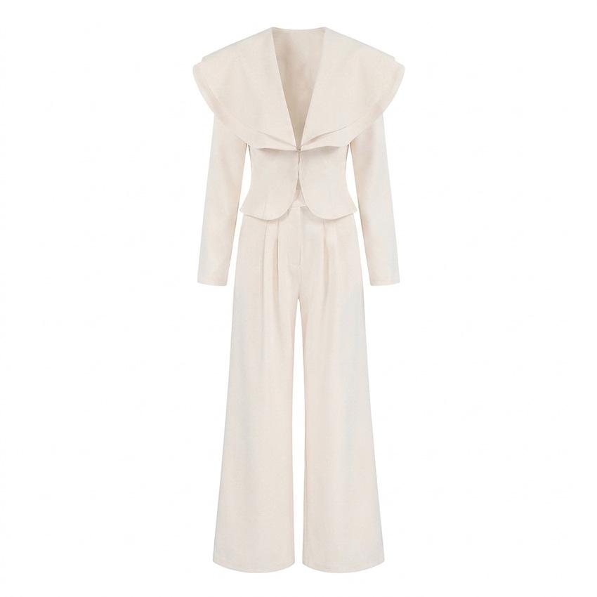 Women's Avant-garde Solid Color Set Oversized Lapel Deep V Neck Long Sleeve Crop Top High Waist Wide Leg Pants