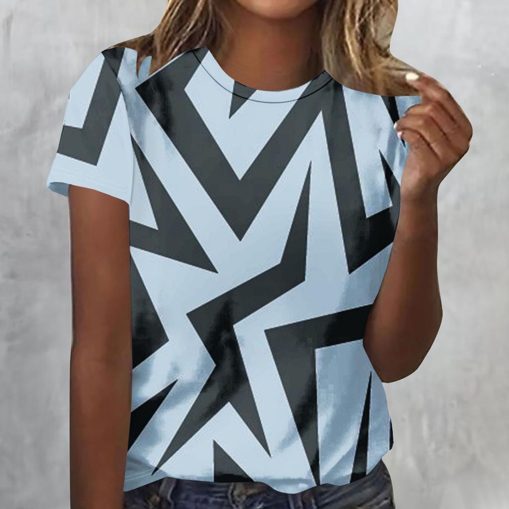 Summer Round Neck 3D Geometric Figure Print Top Fashionable Casual Short Sleeved Women's T-shirts