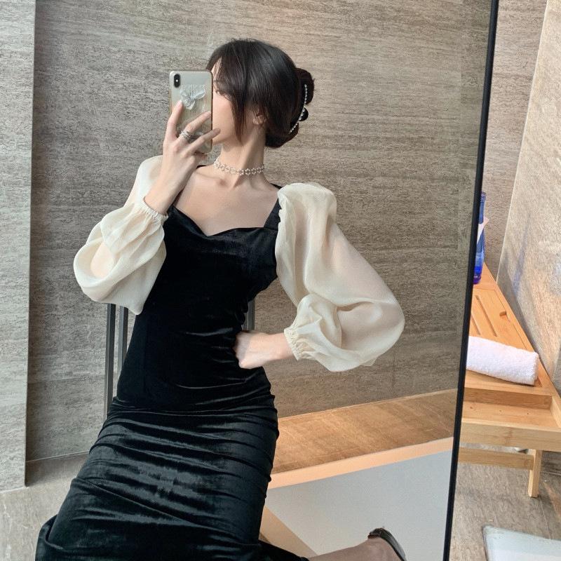 #Good Quality New Black French Celebrity Temperament Versatile Muse Fan Golden Velvet Square Neck Dress