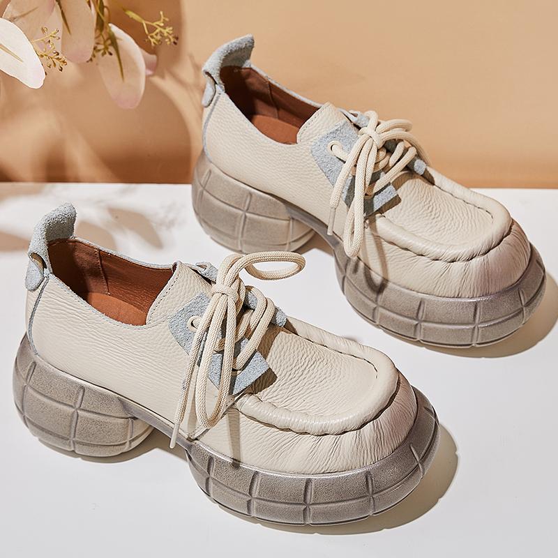Mode GKTINOO Dicksohlige Erhöhende Pumps 2024 Frühling Neu Echtes Leder Schnürschuhe Vielseitige Retro Damen Plateau Schuhe