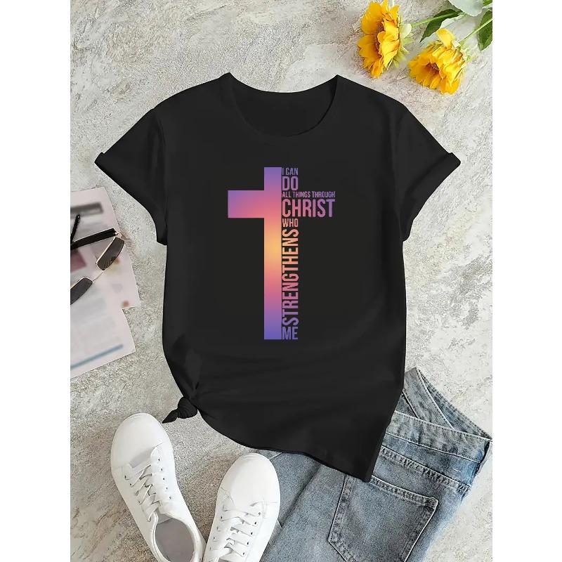 European Size European Size Women's Inspirational Christian Graphic Tee - "I Can Do All Things Through Christ" Print