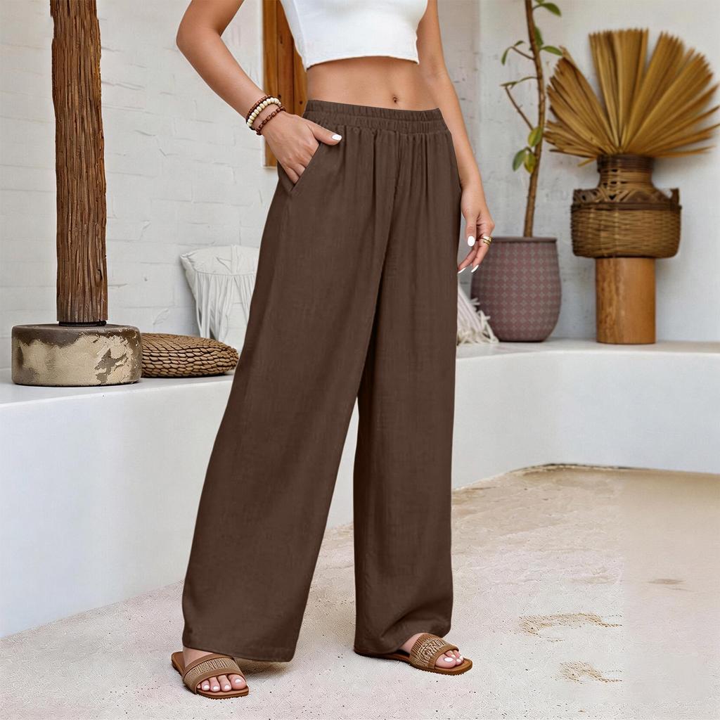 Damen Baumwolle Leinen Bequem Farbe Locker Elastischer Bund Lässig Weites Bein Hose