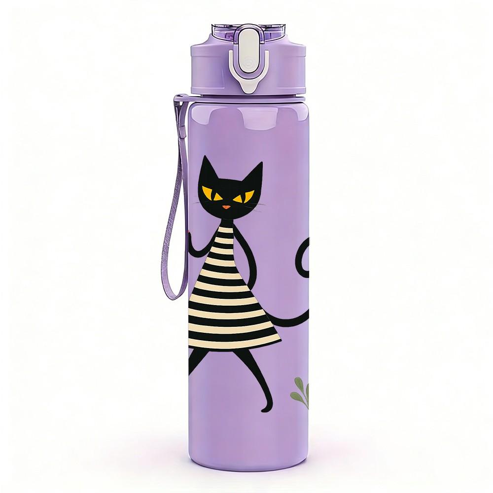 1PC Striped Black Cat Walking Figure 750ml Color Plastic Sports Water Bottle Leakproof Flip Straw Lid For Sports Office Home Use