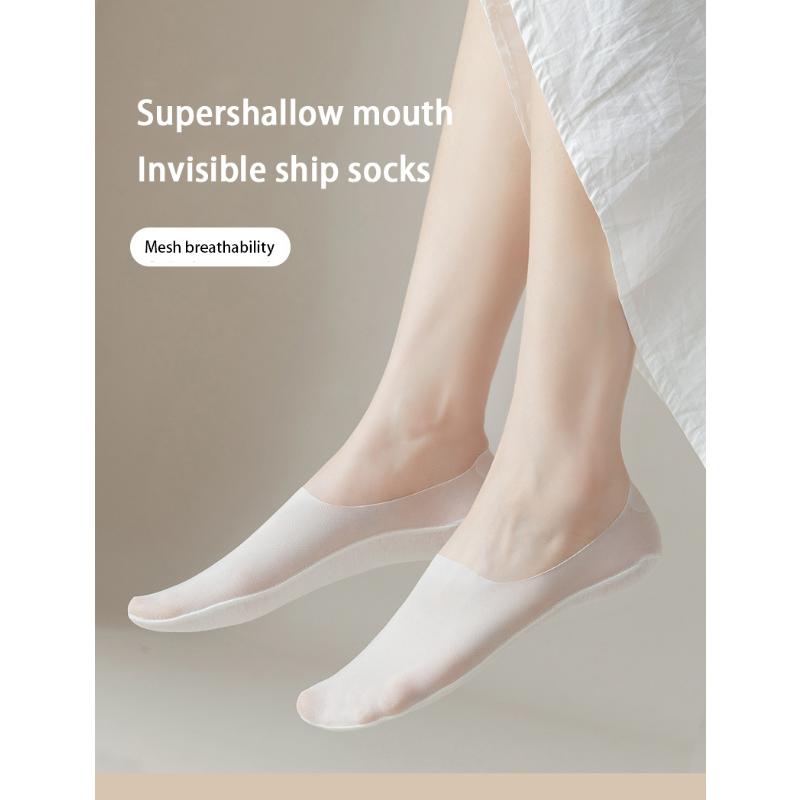 5 perechi de șosete anti-alunecare din silicon invizibil de vară. Șosete ultra-subțiri, respirabile, de culoare uni, mătase de gheață, decoltate, pentru bărci