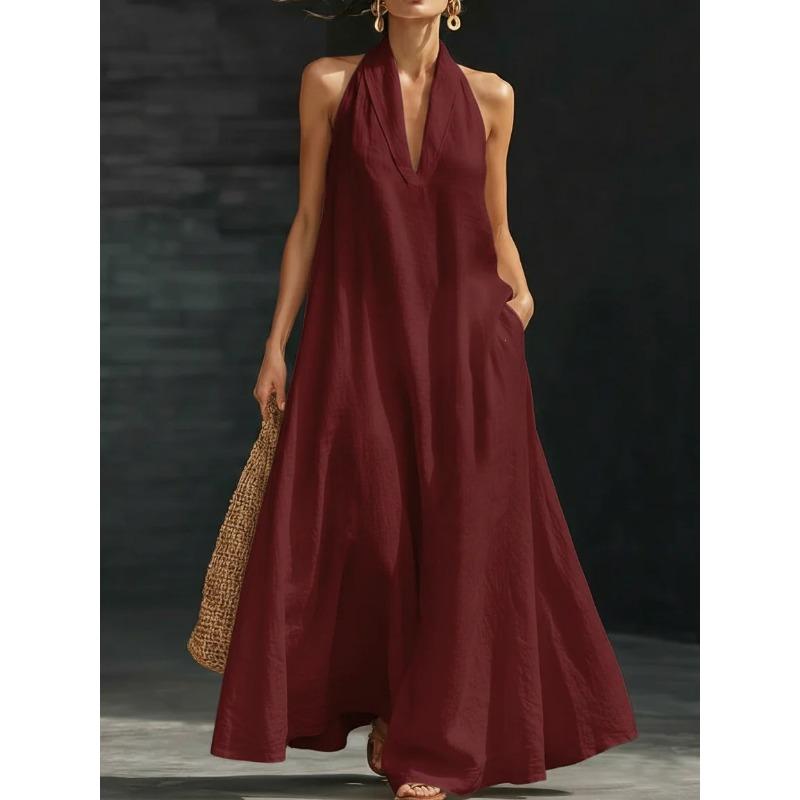Robes d'été amples à col en V élégantes pour femmes 2026 Nouvelle Robe longue à bretelles au cou Robe trapèze pour fête de vacances Robe mode ample street chic pour jeunes femmes