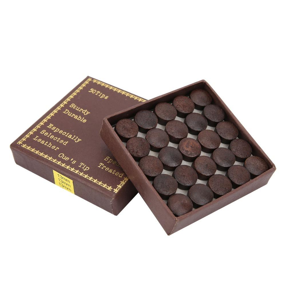 50pcs 13MM Pool Billiard Cue Tips Storage Box Red Brown Billiard Cue Tips Cowhide Pool Stick Tips Billiard Replacement
