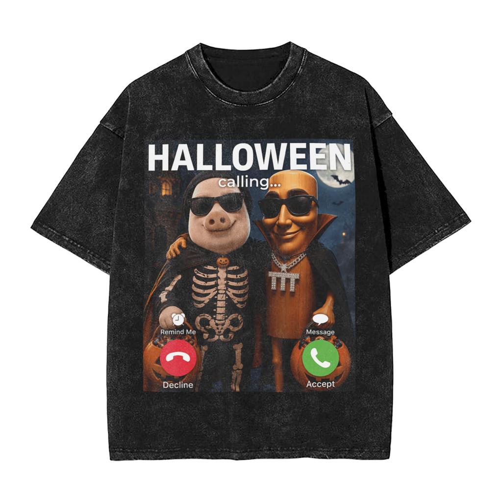 Vintage Washed Tshirt John Pork Holding Niche Ai Baby Funny Halloween Motion Meme Cotton Tshirts Trending Tshirt For Man