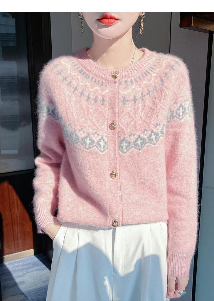 Women's Fair Isle Color Block Wool Cardigan - Round Neck, Age-Reducing Knitwear Jacket