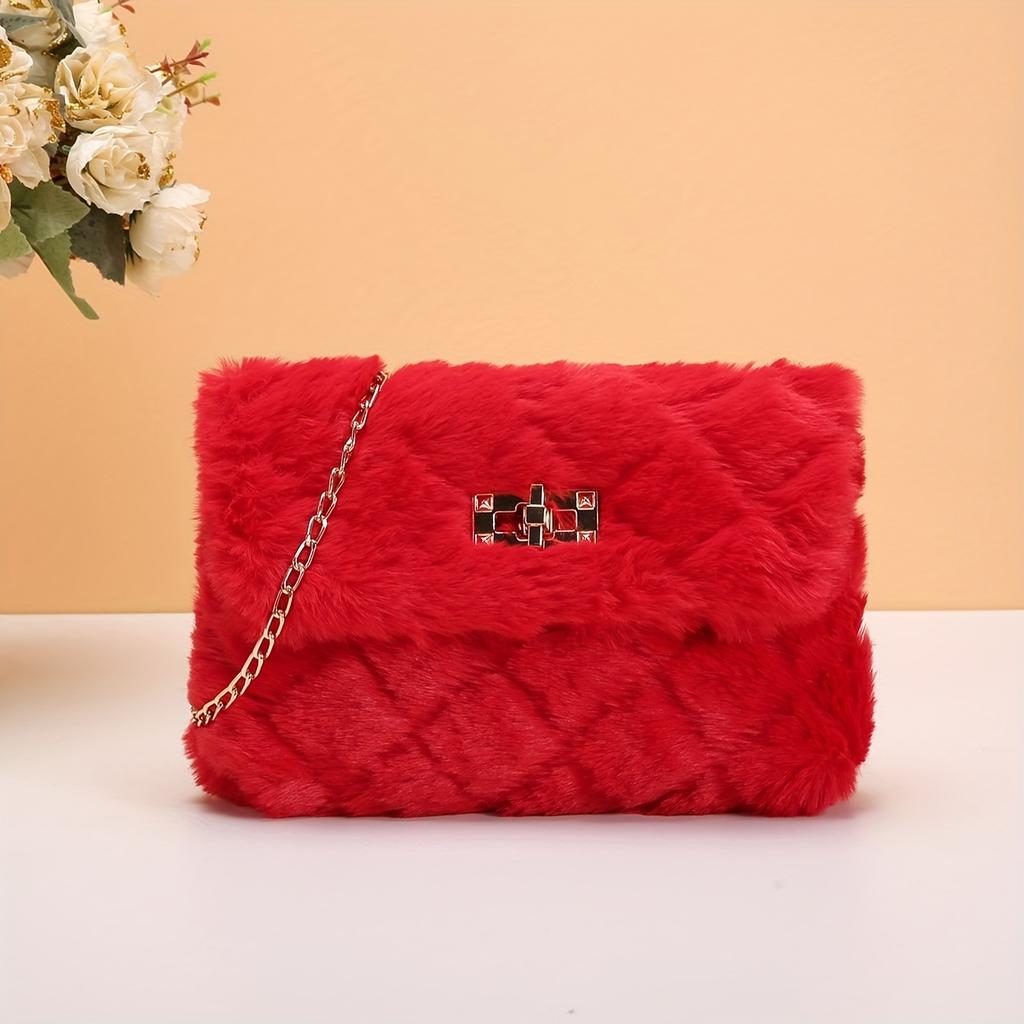 Lightweight Casual Faux Fur Crossbody Bag with Chain Strap and Turn-Lock Closure Fluffy Soft Messenger Shoulder Bag  Removable Strap and Nylon Lining