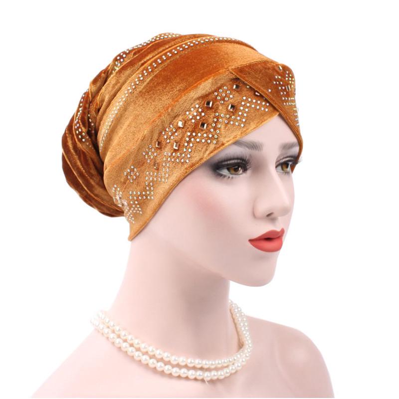 

Gold Velvet Rhinestone Head Wrap: Foldable Slouchy Beanie Hijab Adjustable золотий