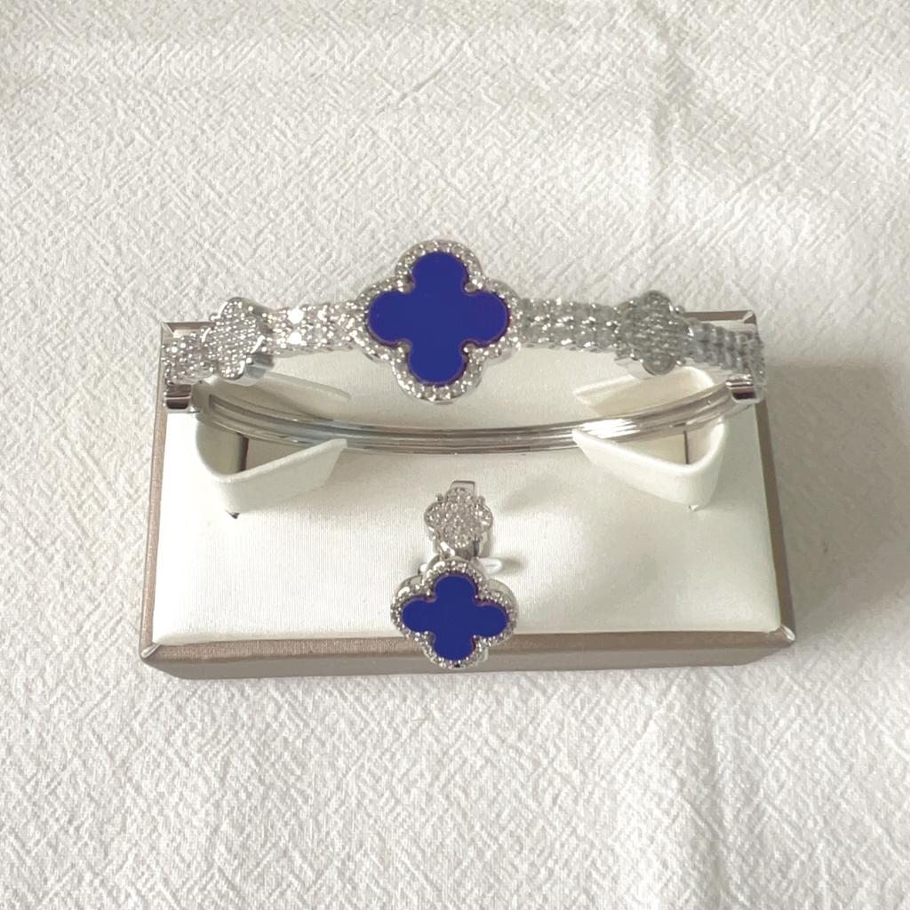 2PCS New Micro Inlaid Zircon Clover Bracelet Ring Set with Adjustable High Color Preserving Copper Plating 18k Real Gold Fashion