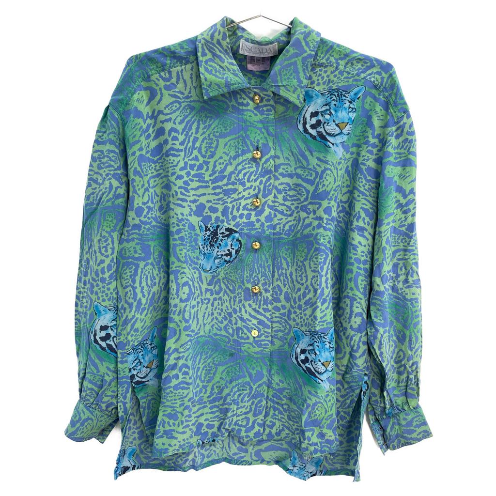 ESCADA 80's Green and Blue Leopard and White Tiger Silk Shirt tops 38 Blue greenUsed