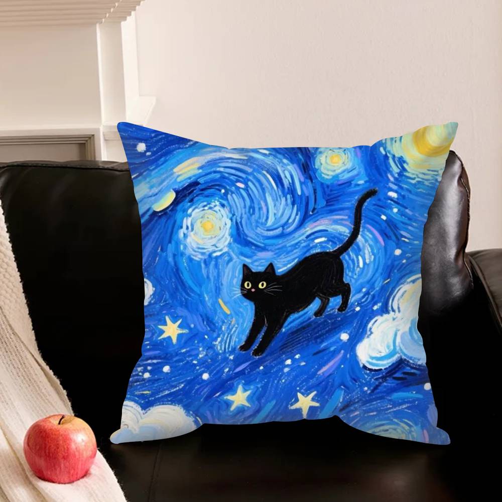 Cute Cat V-Van G-Gogh Starry Sky Various Sizes Square Pillowcase For Car Home Bedchamber Decor