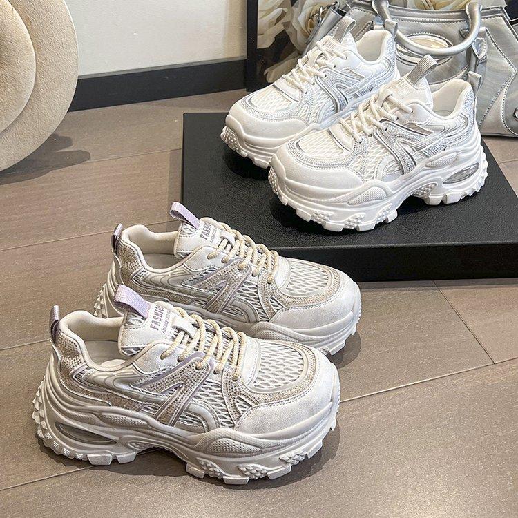 Leather Version~ Rhinestone Hollow Dad Shoes Women's 2025 Thin Breathable Mesh Women's Shoes Small Height-increasing Sneakers