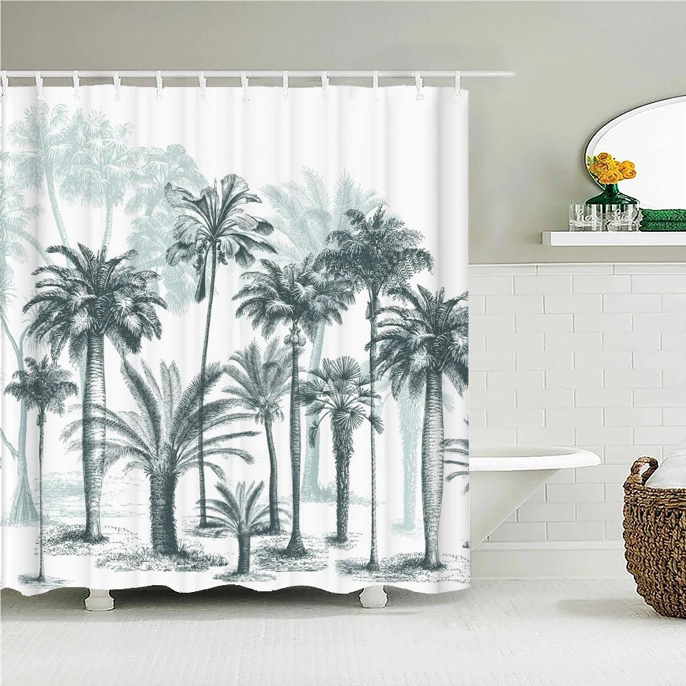 Tropical Plant Leaves Bath Curtain Waterproof Fabric Shower Curtains Colorful Palm Leaf Print Bathtub Screen for Bathroom Decor
