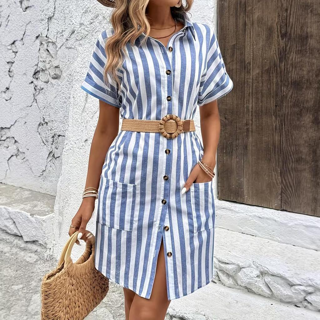 Women's Striped Shirt Dress Short Sleeve Button Front Casual Loose Fit Dress With Pockets