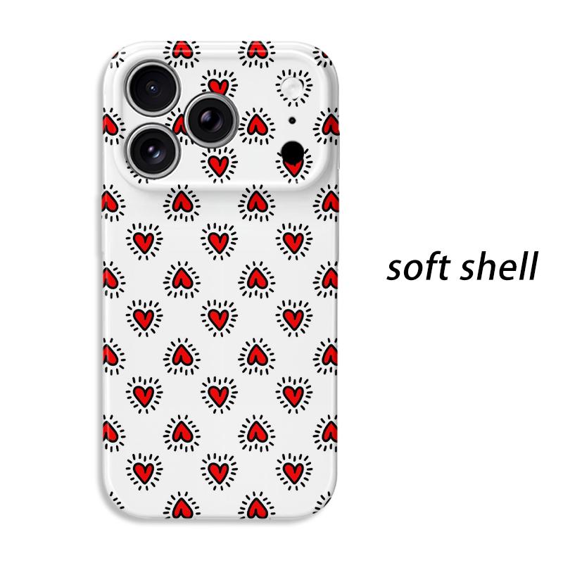 Trendy Kawaii Retro Red Love Heart Hand Drawn Doodle Art Film Aesthetic Protective Phone Case For iPhone 14 15 16 Pro Max Plus Dropproof Bumper Cover