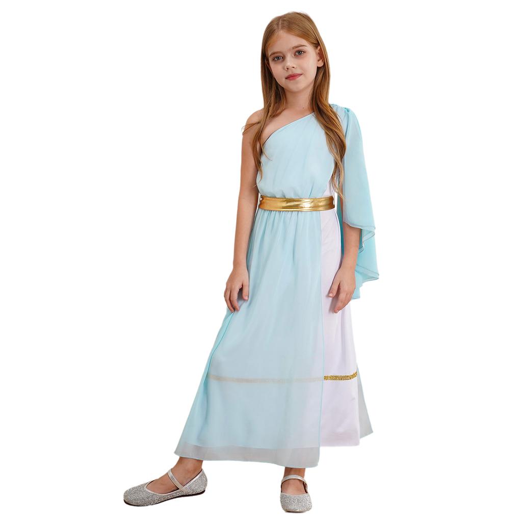 Girls Ancient Greek Roman Costume Single Shoulder Tulle Shawl Patchwork Flowy Dress Waistband Toga Party Outfit