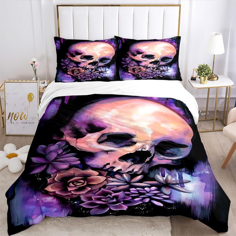 3pcs Skull Flowers Duvet Cover Set, Cover For Bedroom Guest Room (1 Duvet Cover + 2 Pillowcase, Without Quilt),  yy250922193