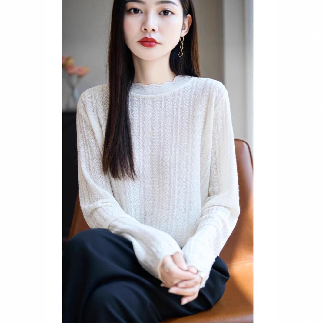 

25th Anniversary Early Autumn Women s Loose Lace Jacquard Long Sleeve Knit Top with Half-High Neck L белый