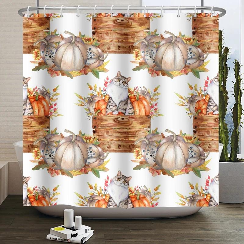Hello Fall Shower Curtain Autumn Maple Leaves Pumpkin Bathroom Decor Polyester Fabric Cloth Shower Curtain With Hooks Room Decor