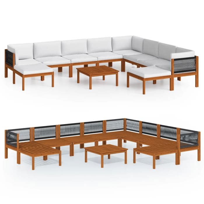VidaXL Salon de jardin 11 pièces avec coussins, bois d'acacia crème et corde 3057893
