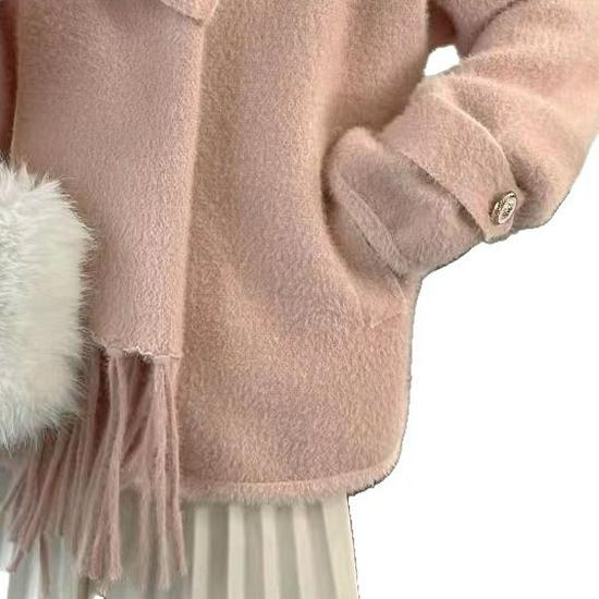 Französischer Rosa Schal Dopamin Pullover Mantel: Damen Winter Locker Gestrickte Strickjacke