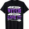 Męska Koszulka Halloweenowa Jestem Wiedźmą i Kocham To Czarna z Fioletowym i Białym Nadrukiem Krótki Rękaw Codzienna Okrągły Dekolt