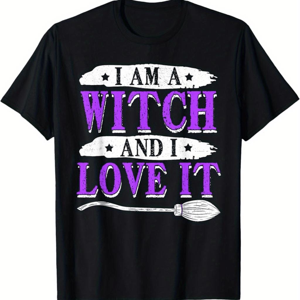 Męska Koszulka Halloweenowa Jestem Wiedźmą i Kocham To Czarna z Fioletowym i Białym Nadrukiem Krótki Rękaw Codzienna Okrągły Dekolt
