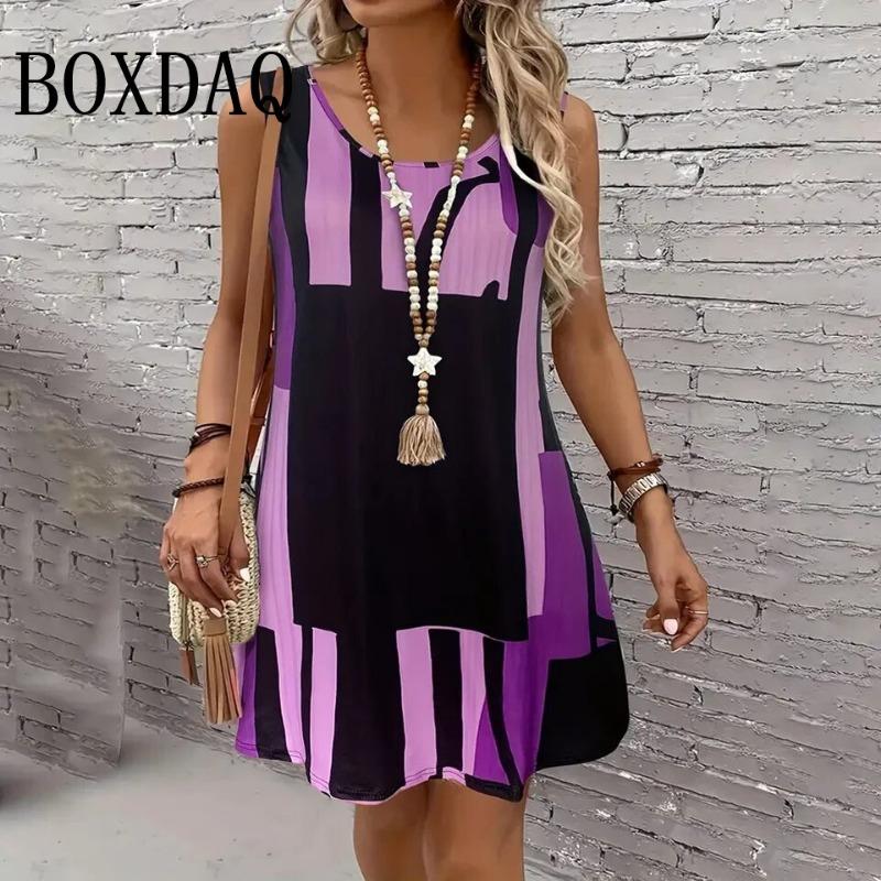 Abito Corto Elegante da Donna a Maniche Corte con Stampa a Contrasto Gradiente Moda Casual Quotidiana da Donna a Strisce Senza Maniche Estivo