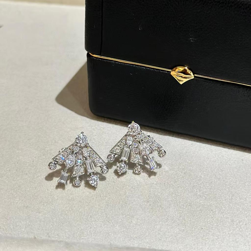 New Vintage 100% Pure 925 Sterling Silver Earrings Pave Aaa Zircconia Fan Shape Ear Stud For Women Luxury Fine Jewelry