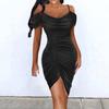 Adjustable Sling Asymmetrical Hem Short Sleeve Hip Wrap Women Dress Off Shoulder Ruched Velvet Bodycon Dress Streetwear