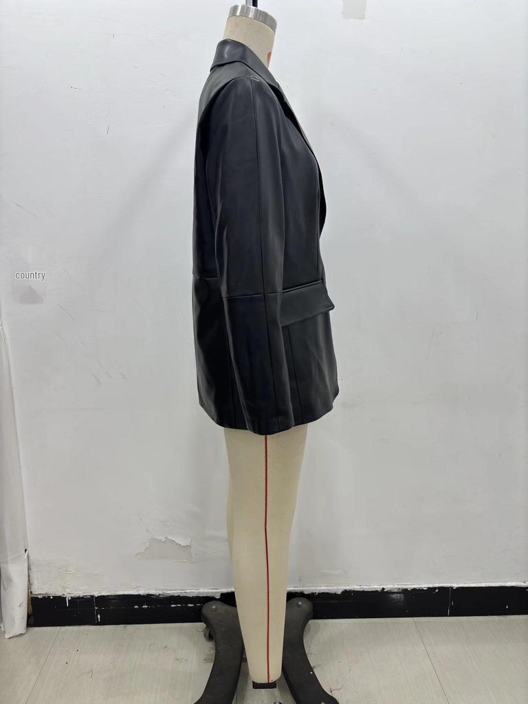 2025 Women's Casual Faux Leather Lapel Jacket - European & American Style