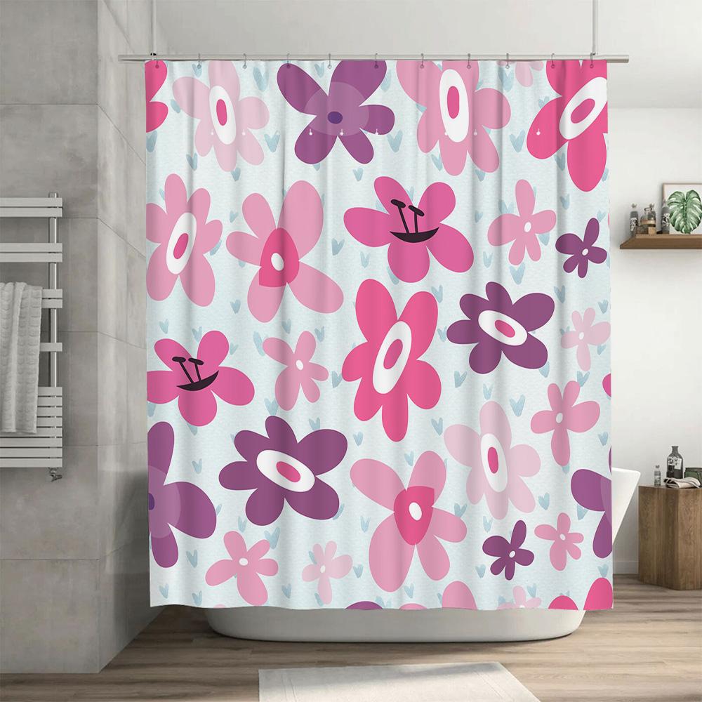 Vibrant Floral Print Bath Shower Curtain Set For Home Decor Pink Purple White Blue Fabric Waterproof Window Sheer
