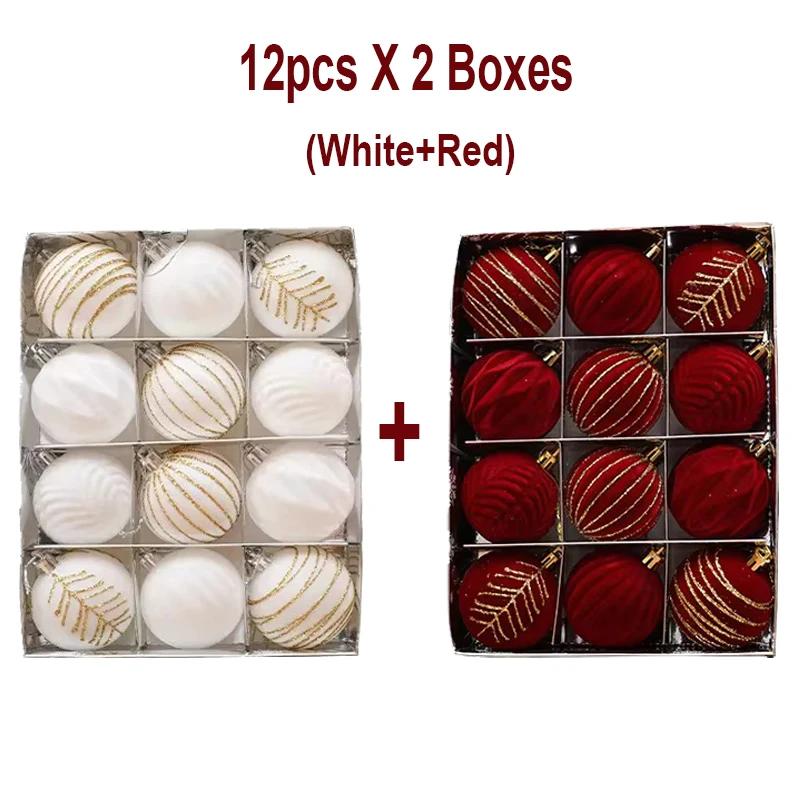 24pcs Wine Red Christmas Ball Ornaments Flocking Christmas Tree Party Decoration New Year Christmas Spheres Pendant Balls