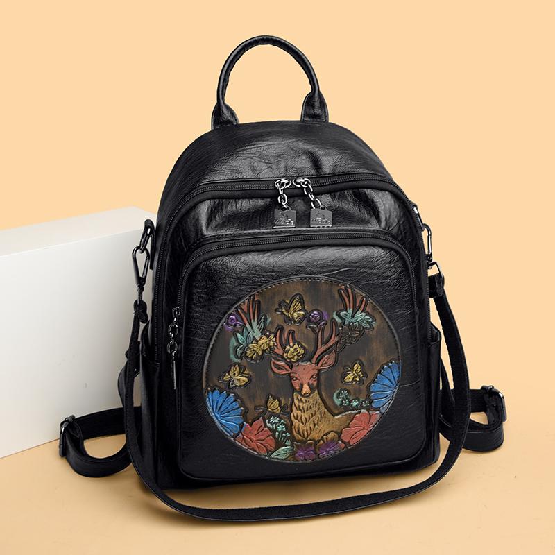 Printed Large Capacity Backpack Women's Retro PU Backpack