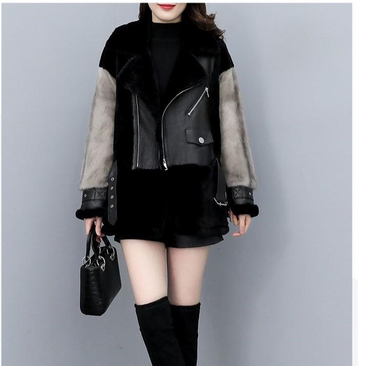 Damen Stilvoller Lockerer Gespleißter Kunstpelzmantel Kurze Lederjacke Warme Winteroberbekleidung