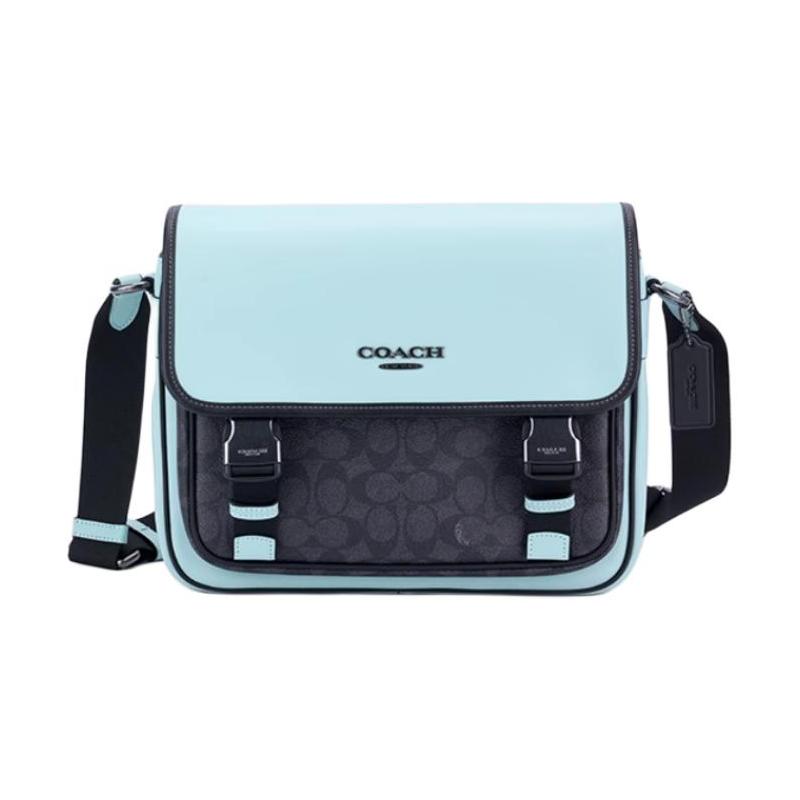 

COACH RACER 28 color block classic logo presbyopia cow leather shoulder bag large size men s light blue синій