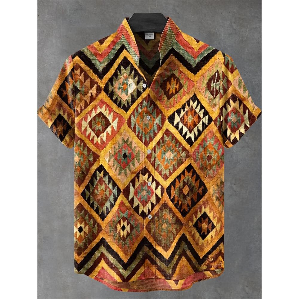 Nuova Camicia da Uomo a Maniche Corte Stile Etnico Vintage Stampa Artistica di Pavone Geometrica 3D Camicia Casual in Lino