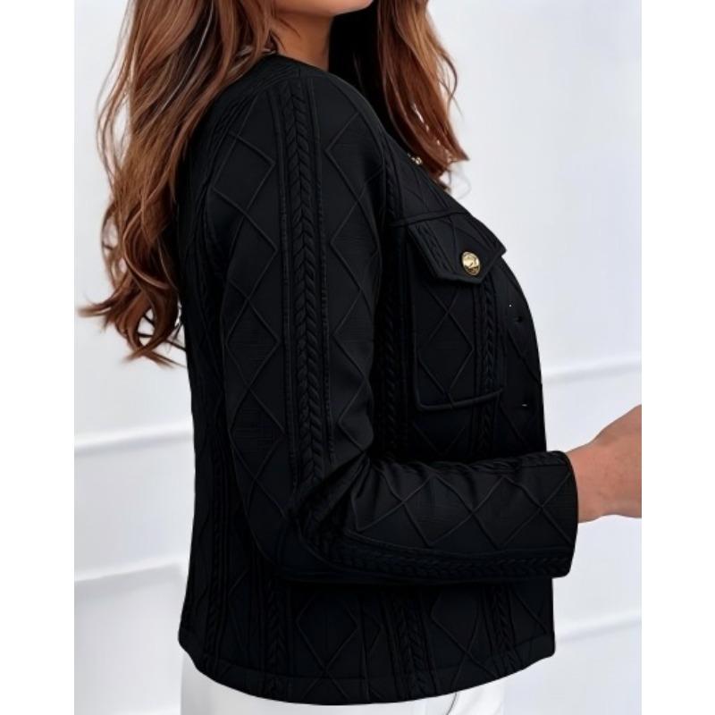 Women Pink Diamond Jacquard Cropped Jacket O Neck Gold Button Long Sleeve Elegant Small Fragrance Style Short Coat Spring Autumn Commuter Outerwear