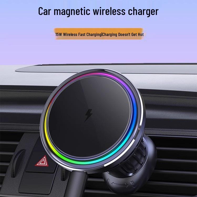 Senfan QI2 15W Magnetic Wireless Car Charger with LED Ambient Light Holder for Apple Devices.