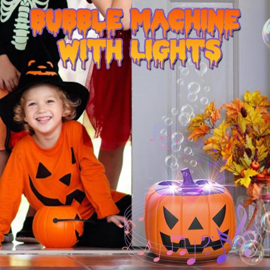 Halloween Pumpkin Bubble Machine Automatic Blower with Music & LED Lights Rechargeable Kid's Toy for Party Favors Outdoor Fun